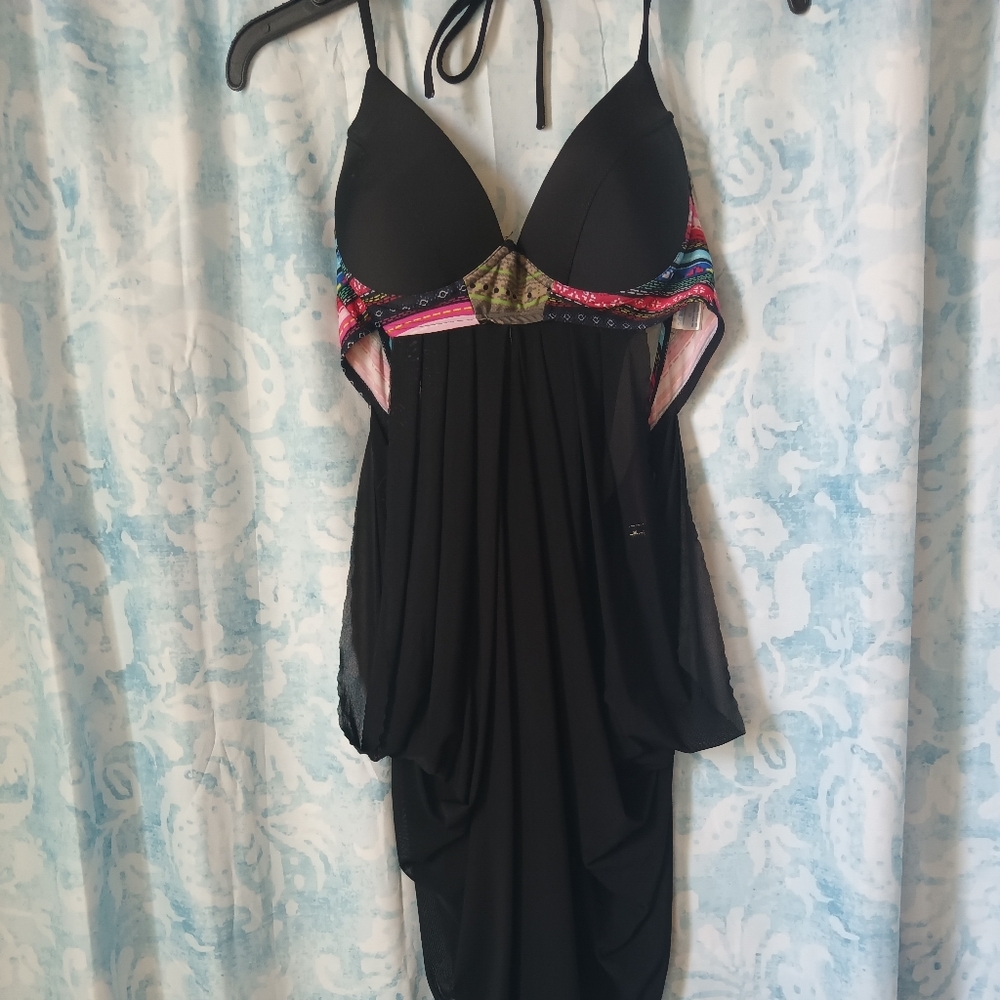 Black Bathing Suit Top with Colorful Trim And Sheer Draping
